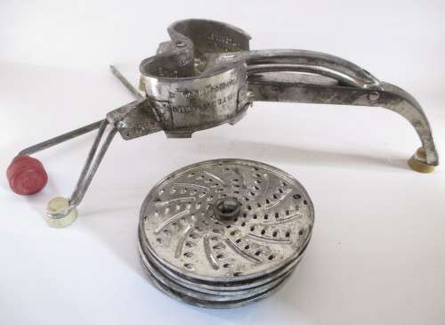 France Vintage Mouli Hand-Crank Grater Shedder Slicer. Not used. Five Blades. All intact.