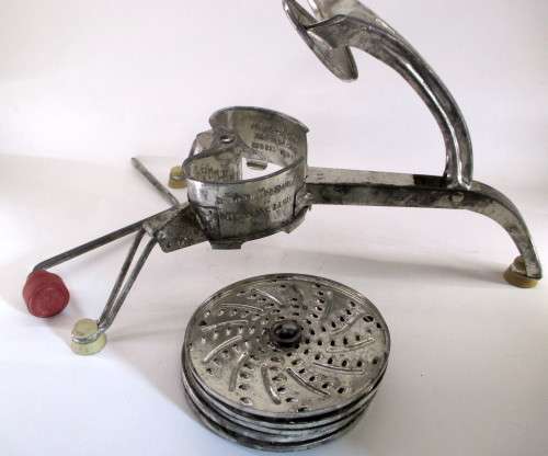 France Vintage Mouli Hand-Crank Grater Shedder Slicer. Not used. Five Blades. All intact.