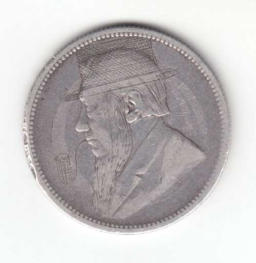 ZAR Silver Two and a Half Shilling Trench Art Oom Paul Kruger with Hat and Horse on Reverse.