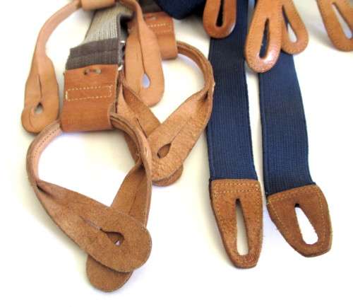 Three Vintage Mens Trouser Button hole braces, leather straps. One Stamped Policeman.
