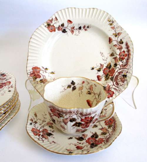 Lot of 7 Vintage Delicate Porcelain Trio's. Autunm Theme, gold Rim. Some crazing in cups. No Chips.