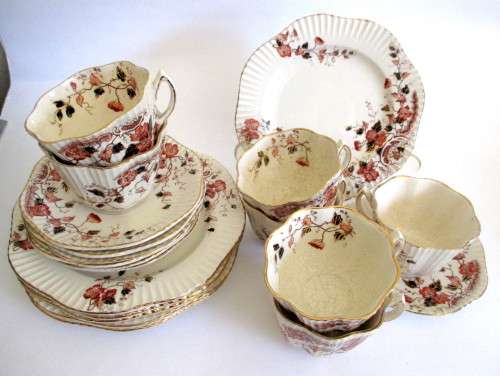 Lot of 7 Vintage Delicate Porcelain Trio's. Autunm Theme, gold Rim. Some crazing in cups. No Chips.