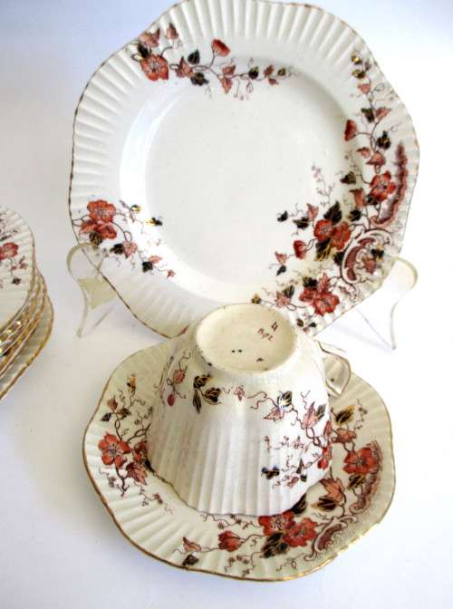 Lot of 7 Vintage Delicate Porcelain Trio's. Autunm Theme, gold Rim. Some crazing in cups. No Chips.