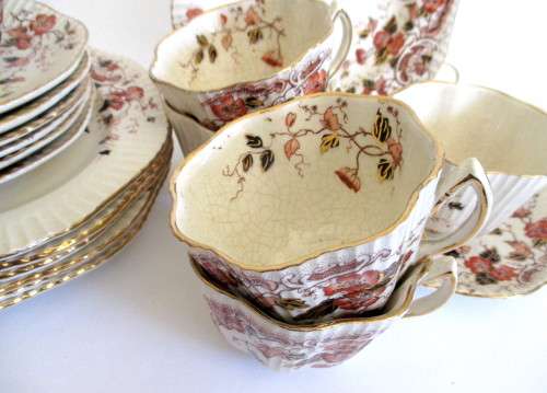 Lot of 7 Vintage Delicate Porcelain Trio's. Autunm Theme, gold Rim. Some crazing in cups. No Chips.