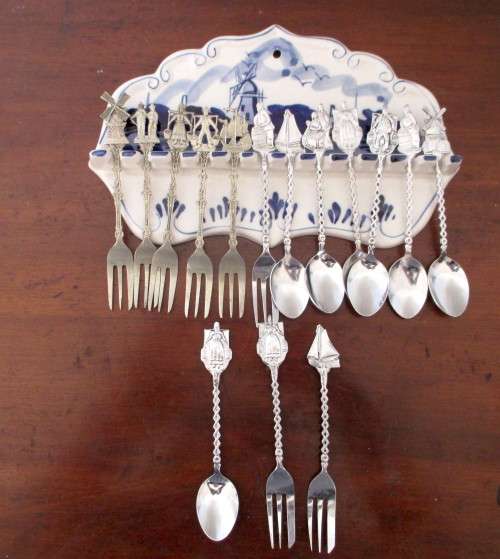 Delightful Old Delft Porcelain Teaspoon Hanger for 12 Tea Spoons. Plus 15 Windmill Spoons and Forks.