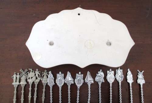 Delightful Old Delft Porcelain Teaspoon Hanger for 12 Tea Spoons. Plus 15 Windmill Spoons and Forks.