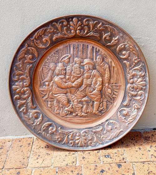 Large Vintage Brass Renaissance Embossed Round Wall Hanging Tavern Themed Plate. 50cm diameter.