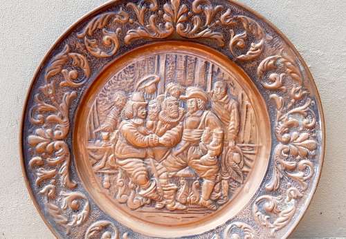Large Vintage Brass Renaissance Embossed Round Wall Hanging Tavern Themed Plate. 50cm diameter.