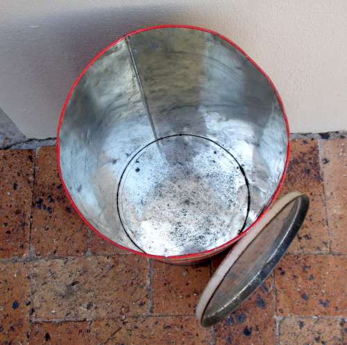 VINTAGE LARGE (TALL) AND GORGEOUS RED AND WHITE STRIPED TIN STORAGE CONTAINER WITH LID. 63x23 cm