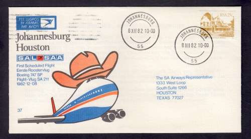 SA AIRWAYS (SAA) FLIGHT COVER 37 1982 First Scheduled Boeing 747SP Flight JHB-Houston
