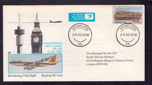 SA AIRWAYS FLIGHT COVER 38 1983 First Flight Boeing 747-300 Flight JHB-London