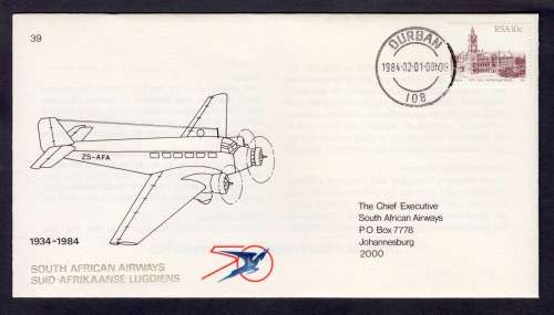 SA AIRWAYS 1934 - 1984 FLIGHT COVER 39 Flight from Durban