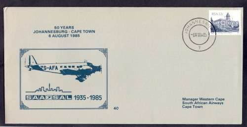 SA AIRWAYS 50 Years JHB - Cape Town FLIGHT COVER 40 English