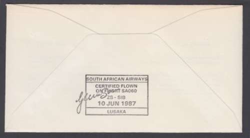 SA Airways 1987 Cover 43 First Regional Service JHB - Lusaka with Captain Signature, printed.