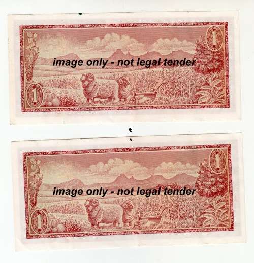 1973 Two Consecutive Soutn Africa One Rand Notes - T W de Jongh Not Used