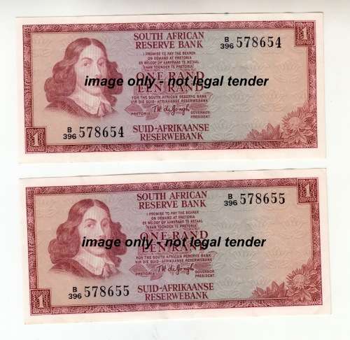 1973 Two Consecutive Soutn Africa One Rand Notes - T W de Jongh Not Used