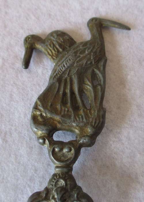 Vintage Volendam Holland Pewter Souvenir Serving Spoon with Storks and Markings on handle. 22cm.