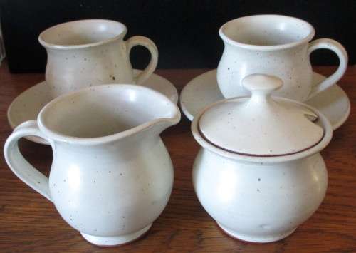 Vintage Timbati Potteries Set. 2 Cups with Saucers, Milk Jug and Suger Bowl. Spotless.