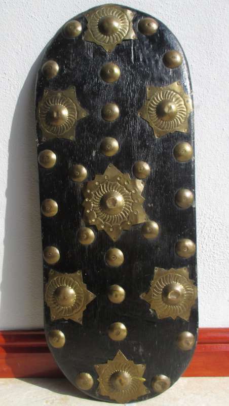 Africa Ceremonial Tribal Wood and Brass Hand Shield. 50 x 19 cm Vintage