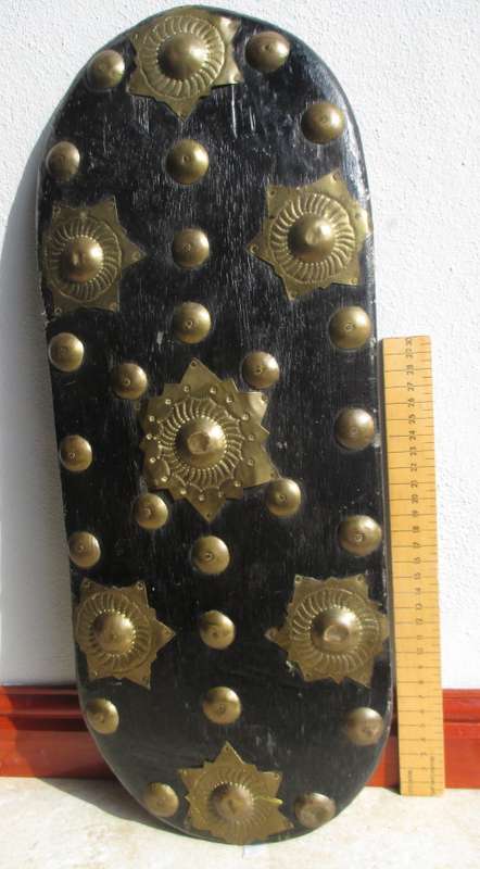 Africa Ceremonial Tribal Wood and Brass Hand Shield. 50 x 19 cm Vintage