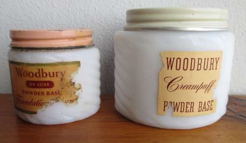 2 X VINTAGE WOODBURY COSMETIC JARS - MILK GLASS. ONE STILL UNOPENED.