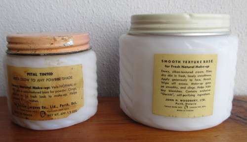 2 X VINTAGE WOODBURY COSMETIC JARS - MILK GLASS. ONE STILL UNOPENED.