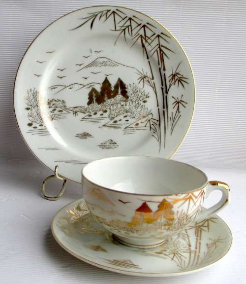 BEAUTIFUL ORIENTAL EGG SHELL PORCELAIN TRIO-GEISHA GIRL LITHOPHANE