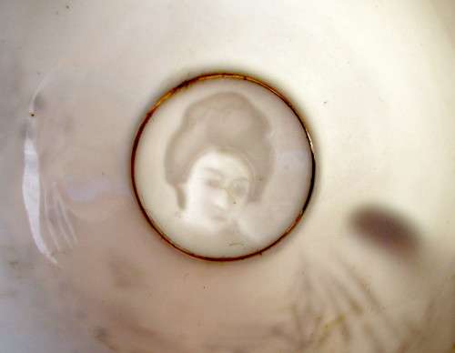 BEAUTIFUL ORIENTAL EGG SHELL PORCELAIN TRIO-GEISHA GIRL LITHOPHANE