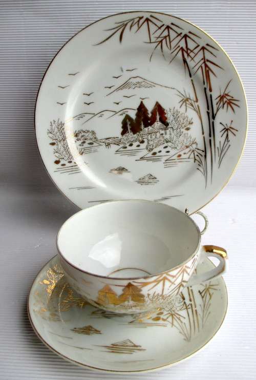 BEAUTIFUL ORIENTAL EGG SHELL PORCELAIN TRIO-GEISHA GIRL LITHOPHANE