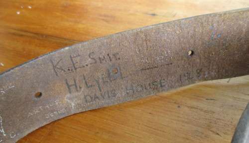LEATHER AMMO AMMUNITION BANDOLIER. Various inscriptions, names and dates. As per Photo.