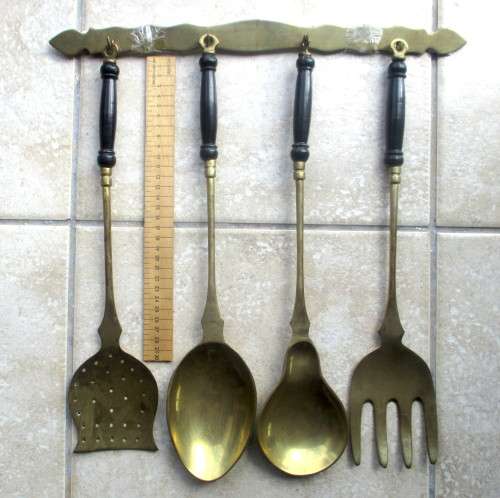 Set of four Large Vintage French Kitchen Brass Utencils. Chabby Chic decoration.