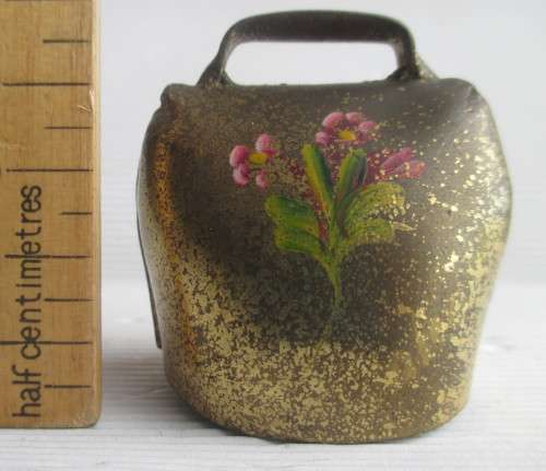 Vintage Hand Painted Brass Cow Bell Swiss. Flowers Miniature Loud Bell Ring. 50mm high