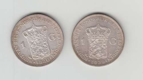 Lot of two 1939 and 1940 Netherlands Wilhelmina I Silver Gulden