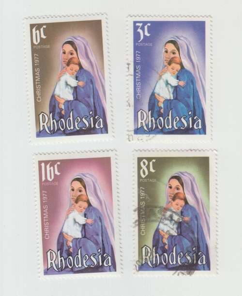 1977 Rhodesia Set of 4 Virgin and Child Christmas Stamps 3c to 16c