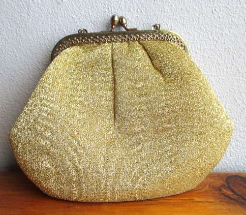 Vintage Evening Purse, Material, Gold. Very Good Condition. 170mmx140mm.