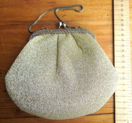 Vintage Evening Purse, Material, Gold. Very Good Condition. 170mmx140mm.