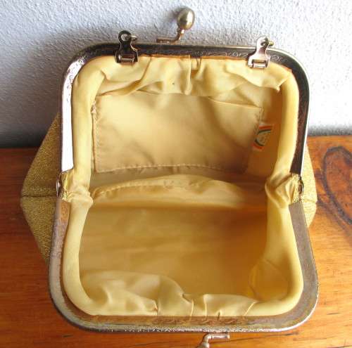 Vintage Evening Purse, Material, Gold. Very Good Condition. 170mmx140mm.