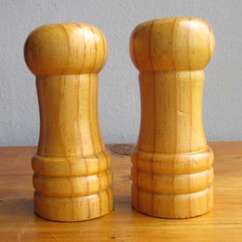 Set of Vintage Wooden Salt and Pepper pots. 130mm high.