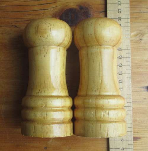 Set of Vintage Wooden Salt and Pepper pots. 130mm high.