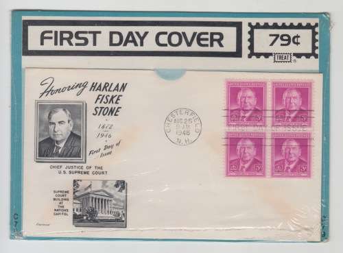 1948 FDC. Honoring Harlan Fiske Stone, Chief Justice of the US Supreme Court. Chesterfield . Sealed.