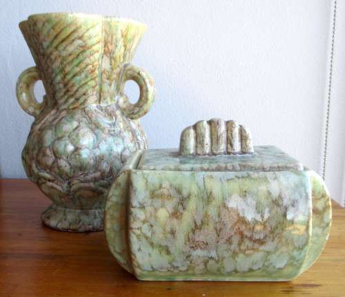 Lot of Two 1970`s Vintage Ceramic Hand Crafted Drip Motif Painted Vase and Dish with lid.