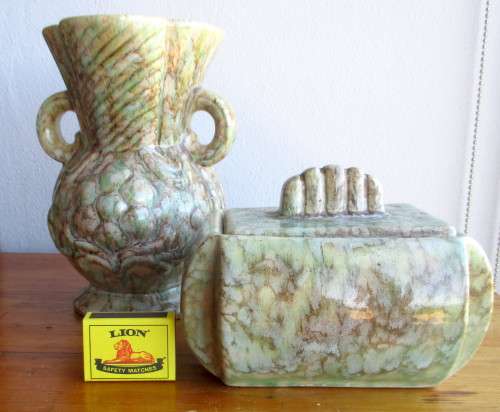 Lot of Two 1970`s Vintage Ceramic Hand Crafted Drip Motif Painted Vase and Dish with lid.