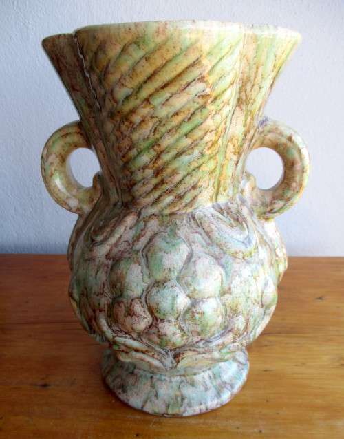 Lot of Two 1970`s Vintage Ceramic Hand Crafted Drip Motif Painted Vase and Dish with lid.