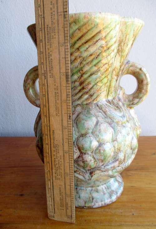Lot of Two 1970`s Vintage Ceramic Hand Crafted Drip Motif Painted Vase and Dish with lid.