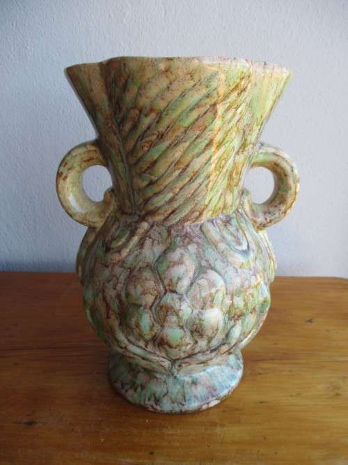 Lot of Two 1970`s Vintage Ceramic Hand Crafted Drip Motif Painted Vase and Dish with lid.