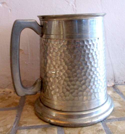 Vintage Hammered Pewter Glass Bottom Tankard. Marked Hallstatt Pewter England.