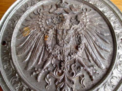 Vintage Musterschutz Cast Plaque. Very heavy, detailed embossed. 18cm diameter.