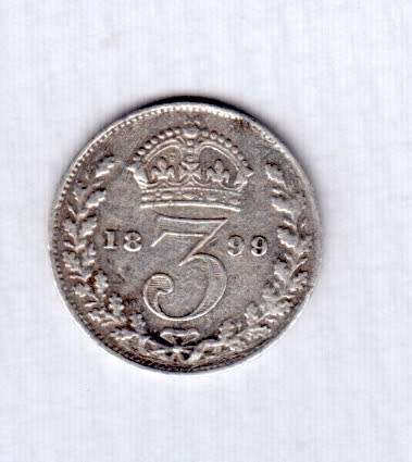 1899 British Three Pence Silver Coin