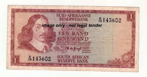 1967 South Africa Reserve Bank One Rand Note. T W de Jongh. Replacement Note.