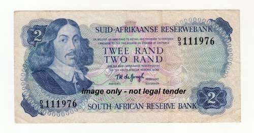 1974 South african Two Rand Note. T W de Jongh